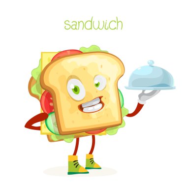 Beyaz bir arka plan üzerinde karakter maskot sandviç