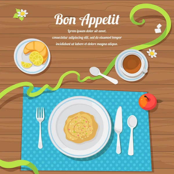 Vector retro illustration top view catering table of business lu — Stock Illustration Vector retro illustration top view catering table of business lu Stock Illustration