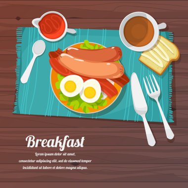 Yumurta, pastırma, tost ve taze sebze ile kahvaltı masası