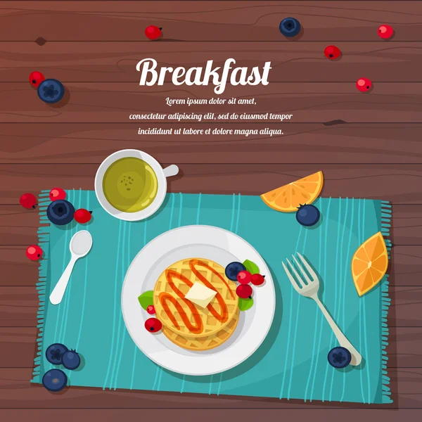 Mesa de desayuno con gofres, té y bayas frescas — Vector de stock