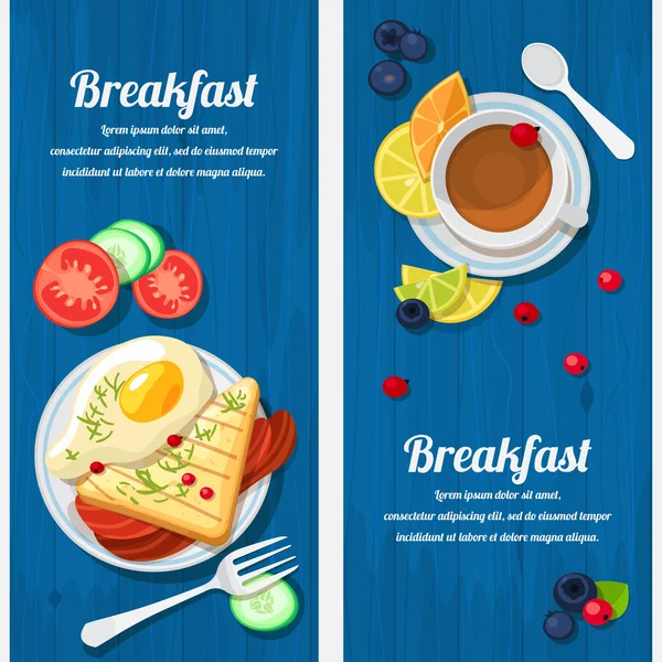 Breakfast table with scrambled eggs, bacon, toast and fresh vege — Stock Vector