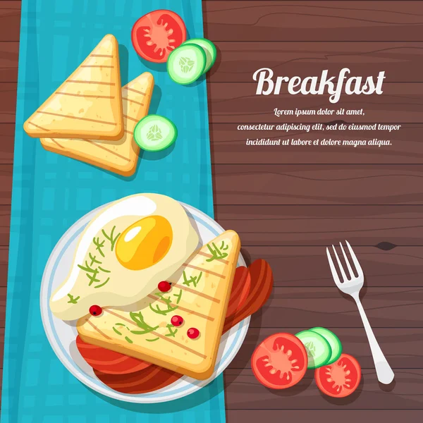 Mesa de desayuno con huevos revueltos, tocino, tostadas y verduras frescas — Vector de stock