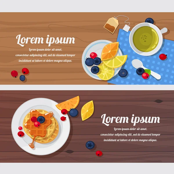 ワッフル、紅茶、新鮮な果実と朝食用のテーブル — ストックベクタ
