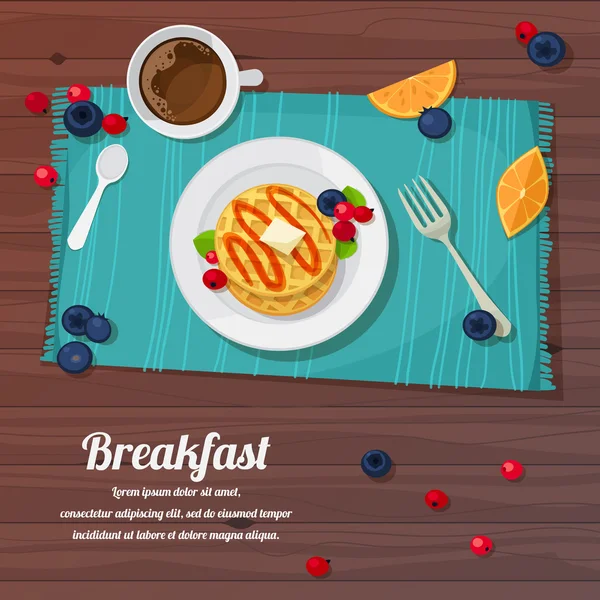 Mesa de desayuno con gofres, té y bayas frescas — Vector de stock