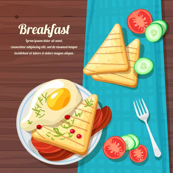 Ontbijttafel met roerei, bacon, toast en vers fruit — Stockvector