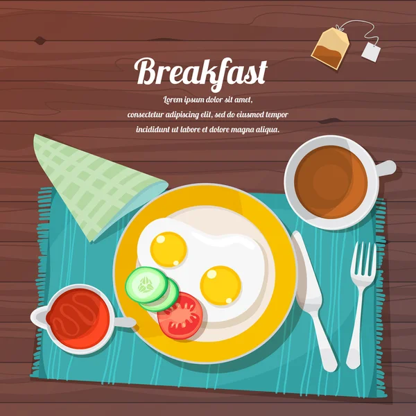 Table de petit déjeuner avec œufs brouillés, pain grillé et légumes frais — Image vectorielle