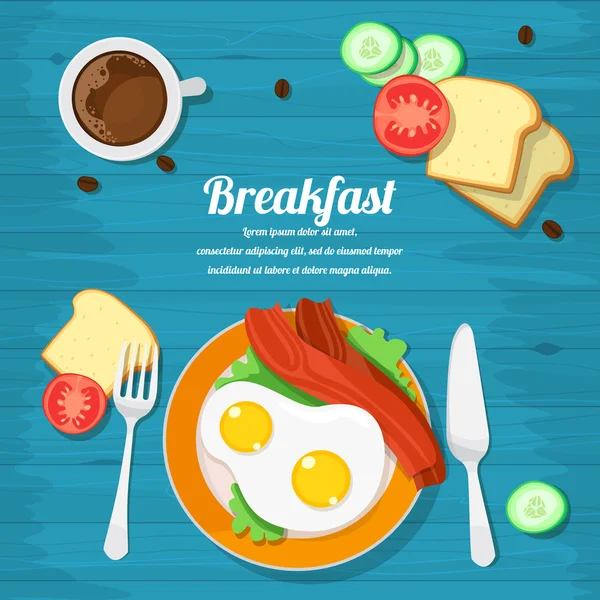 Mesa de pequeno-almoço com ovos mexidos, bacon, torradas e legumes frescos —  Vetores de Stock