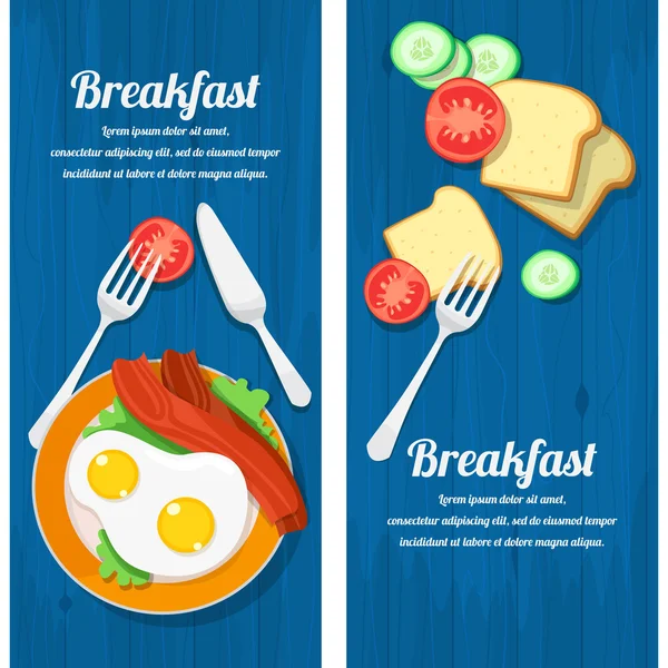 朝食のテーブルとスクランブルエッグ、ベーコン、トースト、新鮮な野菜します。 — ストックベクタ