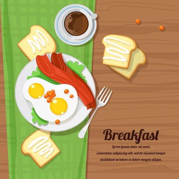 Mesa de desayuno con huevos revueltos, tocino, tostadas y verduras frescas — Vector de stock