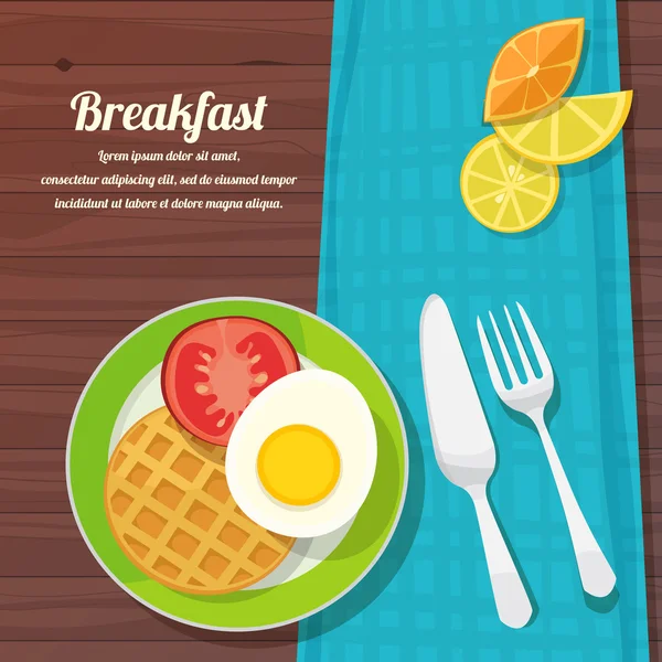 Mesa de desayuno con huevos revueltos, gofres y verduras frescas — Vector de stock