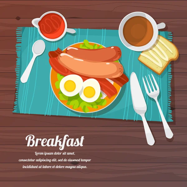 Mesa de desayuno con huevos, tocino, tostadas y verduras frescas — Vector de stock