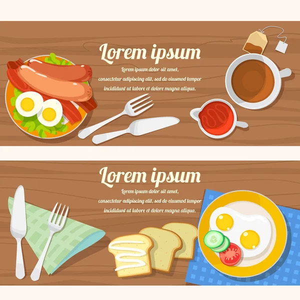 Table de petit déjeuner avec œufs brouillés, bacon, pain grillé et légumes frais — Image vectorielle