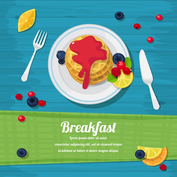 Breakfast table with waffles, tea and fresh berries Royalty Free Stock Illustrations