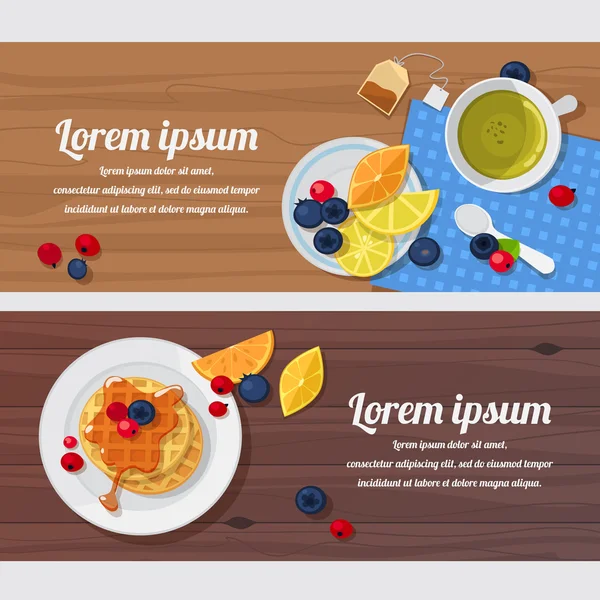 Breakfast table with waffles, tea and fresh berries Vector Graphics