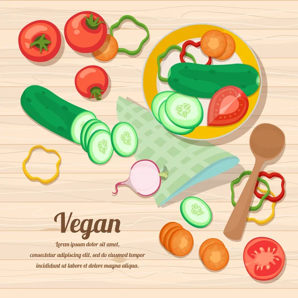 Ingredientes para platos vegetarianos y cristalería, cubiertos y spi — Archivo Imágenes Vectoriales