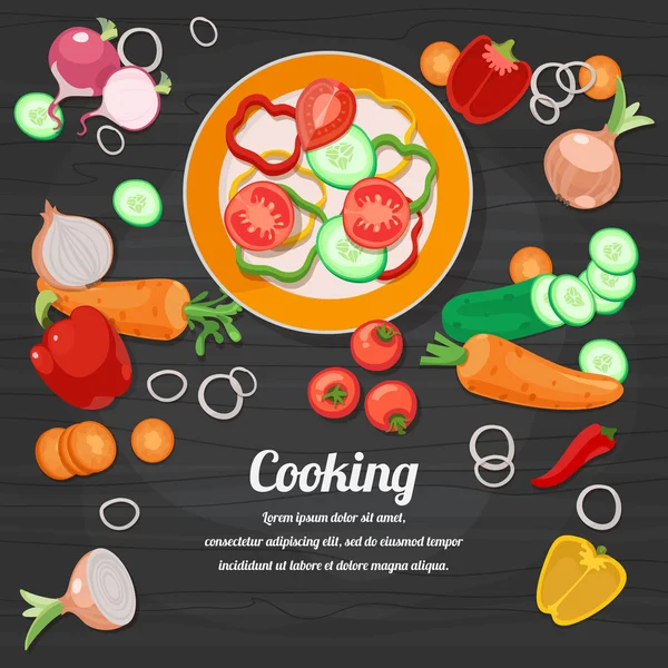 Ingredientes para cocinar y platos, cubiertos y especias . — Archivo Imágenes Vectoriales