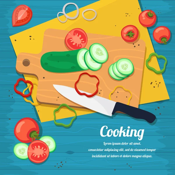 Ingredientes para cozinhar e pratos, talheres e especiarias . —  Vetores de Stock