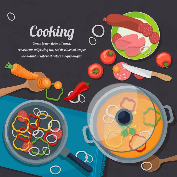 Ingredientes para cocinar y platos, cubiertos y especias . — Vector de stock