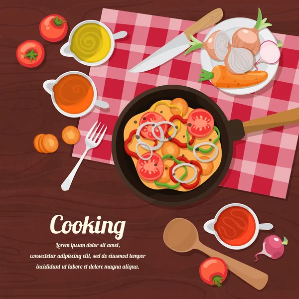 Ingrediënten voor koken en servies, bestek en specerijen. — Stockvector
