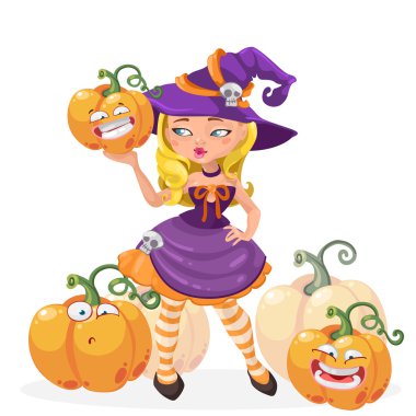 komik kabak vektör çizim ile Halloween cadı kız