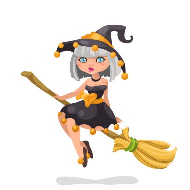 bir süpürge üzerinde Halloween cadı kız