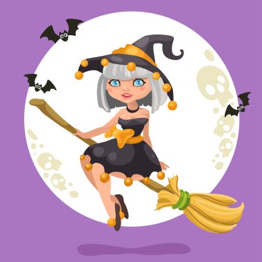Halloween cadı kız halloween arka planda bir süpürge üzerinde