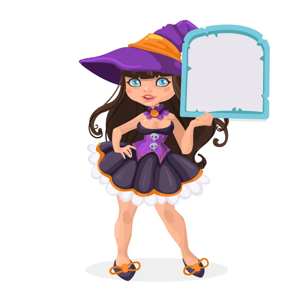 Halloween witch brunette girl with message board — Stock Vector