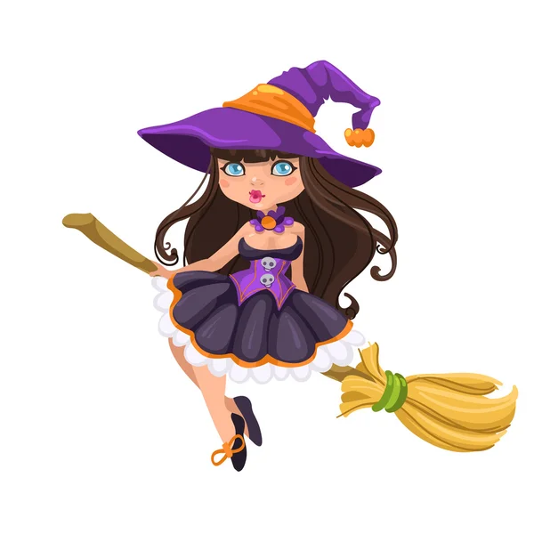 Bruja de Halloween en un palo de escoba — Vector de stock