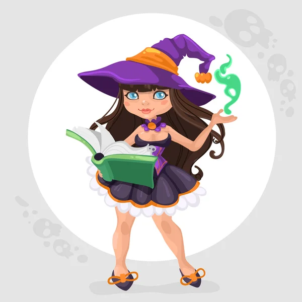 Halloween witch girl with book — Stock Vector