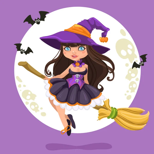 Halloween witch girl on a broomstick on Halloween background — Stock Vector