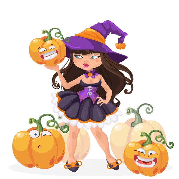 Halloween-Hexe Mädchen mit lustigen Kürbissen Vektor Illustration — Stockvektor