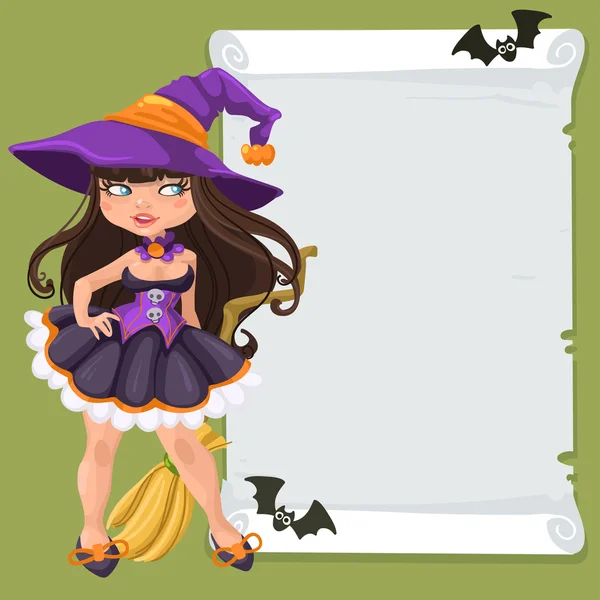 Halloween witch girl with message board — Stock Vector