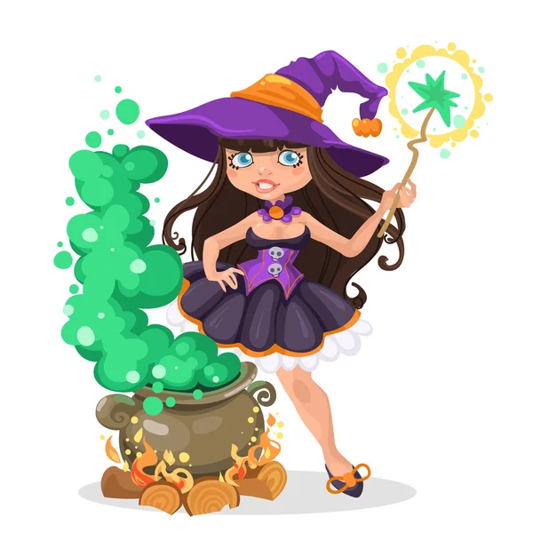 Halloween Hexenmädchen mit dem Kessel des Zaubertranks — Stockvektor