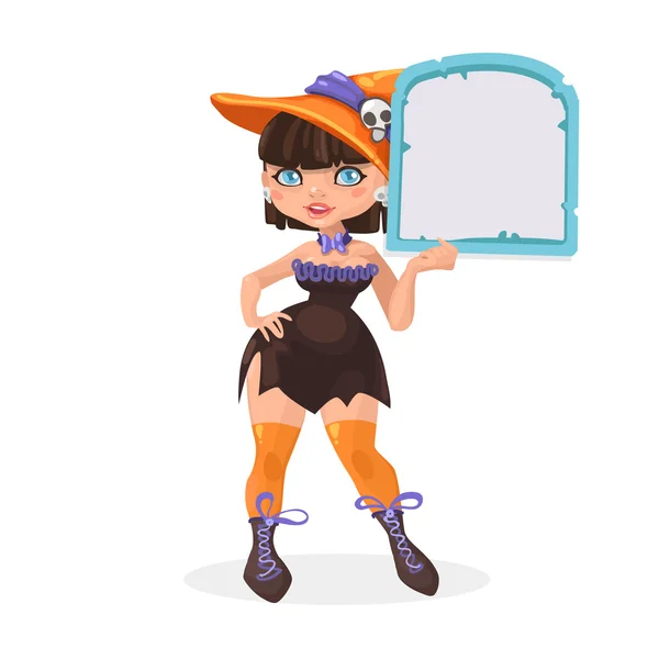 Halloween witch brunette girl with message board — Stock Vector