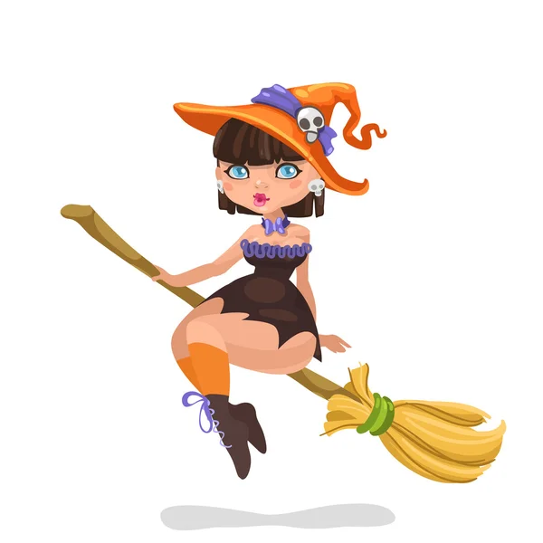 Halloween witch girl on a broomstick — Stock Vector