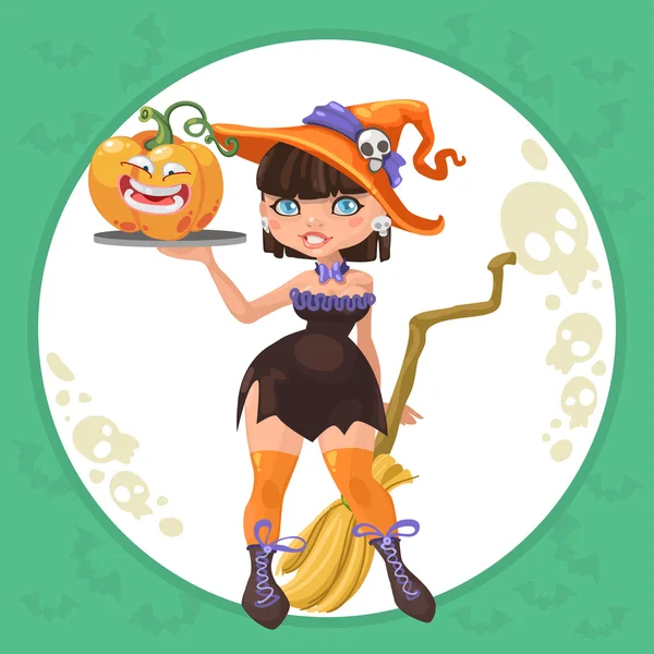 Halloween vrăjitoare fată cu dovleac amuzant — Vector de stoc