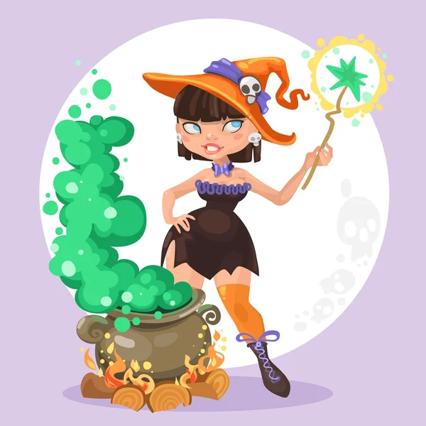 Halloween-Hexenmädchen mit dem Kessel des Zaubertranks im Hintergrund — Stockvektor
