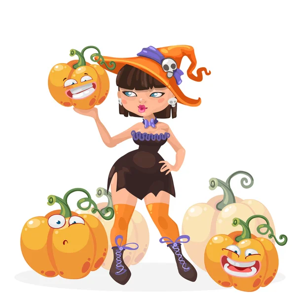 Bruja de Halloween chica con calabazas divertidas vector ilustración — Vector de stock