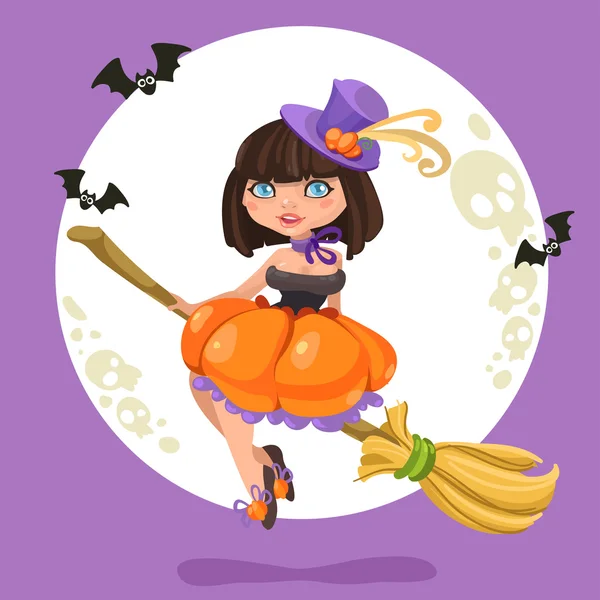 Chica bruja de Halloween en un palo de escoba en el fondo de Halloween — Archivo Imágenes Vectoriales