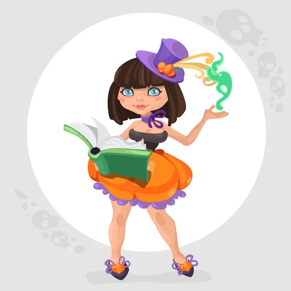 Halloween witch girl with book — Stock Vector