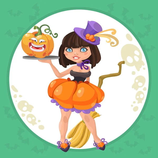 Halloween bruxa com abóbora engraçada — Vetor de Stock