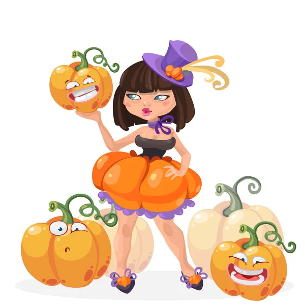 Bruja de Halloween chica con calabazas divertidas vector ilustración — Vector de stock