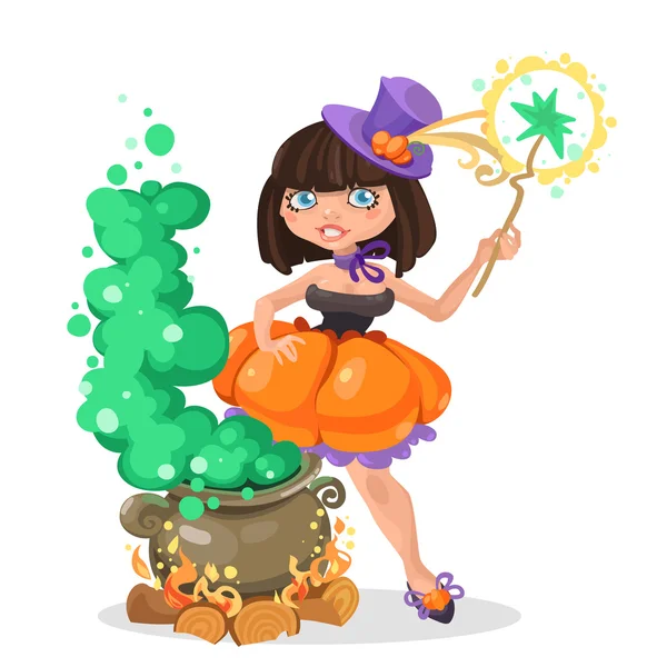 Halloween witch girl with the boiler of potion — Stock Vector