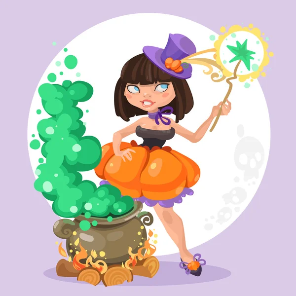 Halloween-Hexenmädchen mit dem Kessel des Zaubertranks im Hintergrund — Stockvektor
