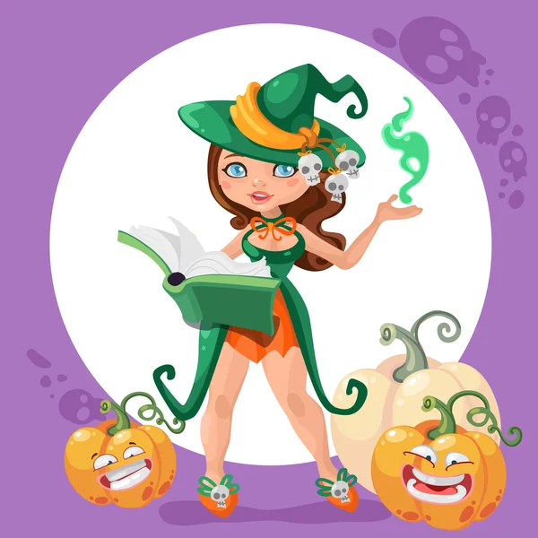 Halloween witch girl with book and pumpkins — Stock Vector