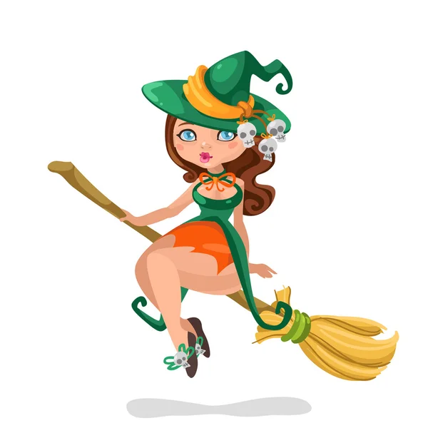 Halloween witch girl on a broomstick — Stock Vector