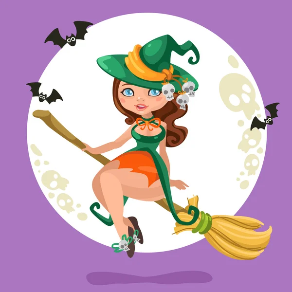 Halloween witch girl on a broomstick on Halloween background — Stock Vector