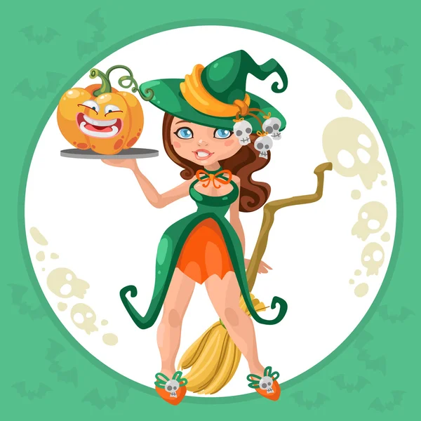 Halloween witch girl with funny pumpkin — Stock Vector