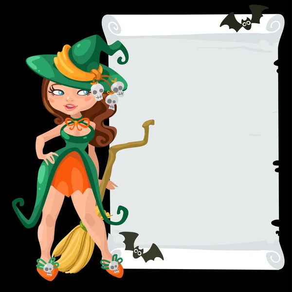 Halloween witch girl with message board — Stock Vector