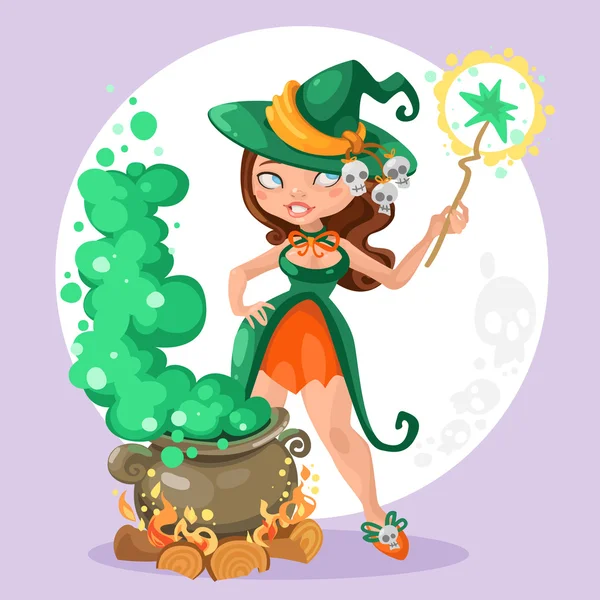 Halloween witch girl with the boiler of potion on background — Stock Vector